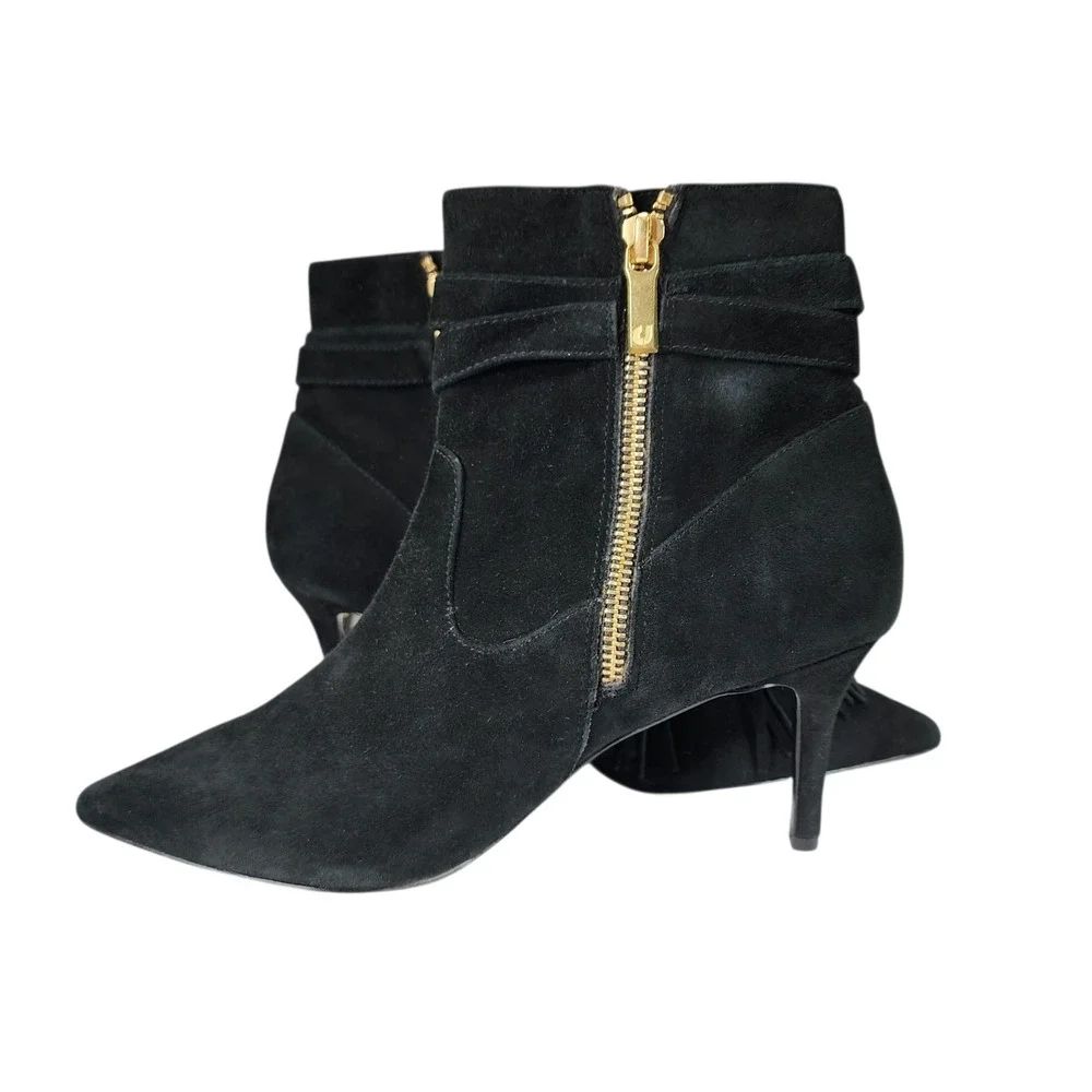 Charles Jourdan Paris Ankle Boots sz 7 Women Black Suede Fringe‎ Pointed Toe